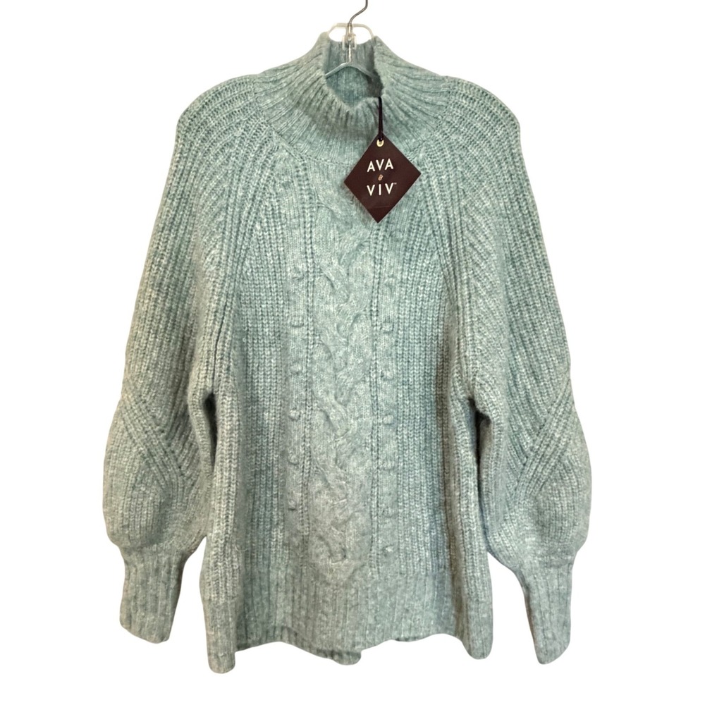 AVA & VIV Cable Knit Fisherman Balloon Sleeve Sweater Women's X Heather Blue - Picture 2 of 10